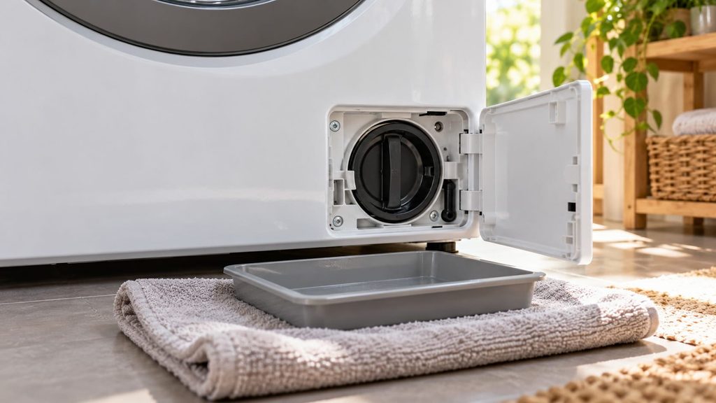 Trappe du filtre de vidange ouverte sur une machine à laver, avec serviette et bassine au so